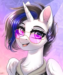 Size: 2100x2500 | Tagged: safe, artist:hakaina, oc, oc only, alicorn, pony, alicorn oc, chest fluff, clothes, ear fluff, glasses, high res, horn, looking at you, open mouth, open smile, piercing, smiling, smiling at you, solo, wings