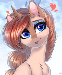 Size: 2050x2500 | Tagged: safe, artist:hakaina, oc, oc only, pony, unicorn, :p, bust, chest fluff, ear fluff, feather, heart, high res, horn, solo, tongue out, unicorn oc