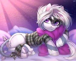 Size: 3100x2500 | Tagged: safe, artist:hakaina, oc, oc only, earth pony, pony, clothes, ear fluff, high res, pillow, solo, tail, tailmouth, unshorn fetlocks