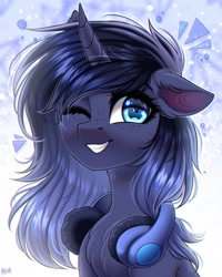 Size: 2000x2500 | Tagged: safe, artist:hakaina, oc, oc only, pony, unicorn, bust, chest fluff, ear fluff, headphones, high res, horn, looking at you, one eye closed, smiling, smiling at you, solo, unicorn oc, wink, winking at you
