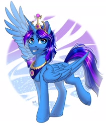 Size: 2550x3017 | Tagged: safe, artist:hakaina, oc, oc only, alicorn, pony, alicorn oc, high res, horn, jewelry, one wing out, regalia, simple background, smiling, solo, unshorn fetlocks, white background, wings