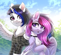 Size: 2700x2444 | Tagged: safe, artist:hakaina, oc, oc only, alicorn, pegasus, pony, :o, alicorn oc, chest fluff, clothes, collar, duo, ear fluff, high res, horn, one wing out, open mouth, pegasus oc, piercing, smiling, wings