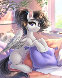 Size: 2000x2500 | Tagged: safe, artist:hakaina, oc, oc only, pegasus, pony, chest fluff, concave belly, ear fluff, high res, looking at you, notepad, painting, pegasus oc, pencil, pillow, slender, smiling, smiling at you, solo, spread wings, thin, unshorn fetlocks, window, wings