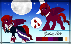 Size: 4000x2500 | Tagged: safe, artist:monsoonvisionz, oc, oc only, oc:gushing pulse, bat pony, pony, blood, choker, clothes, ear piercing, earring, gradient mane, jewelry, leg rings, looking at you, moon, piercing, reference sheet, robe, shoes, solo