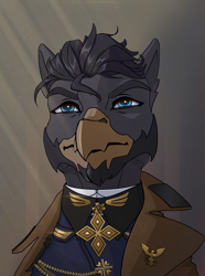 Size: 2228x3000 | Tagged: safe, artist:callsign-echo, oc, oc only, oc:leonard rodier, griffon, equestria at war mod, badge, bust, chad, clothes, facial hair, high res, male, military, military uniform, overcoat, solo, uniform