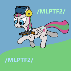 Size: 2000x2000 | Tagged: safe, blossomforth, pegasus, pony, g4, /mlp/ tf2 general, gun, hat, high res, scattergun, scout (tf2), solo, team fortress 2, weapon