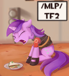 Size: 1200x1303 | Tagged: safe, amethyst star, sparkler, pony, unicorn, g4, /mlp/ tf2 general, badwater, bullet, bullet belt, clothes, eyes closed, food, heavy weapons guy, hoof gloves, open mouth, sandvich, sandwich, screaming, solo, team fortress 2, vest