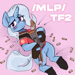Size: 1024x1024 | Tagged: safe, artist:rellopone, trixie, pony, unicorn, g4, /mlp/ tf2 general, blushing, clothes, gun, heavy weapons guy, hoof gloves, hoof shoes, solo, team fortress 2, tomislav, weapon
