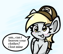 Size: 998x845 | Tagged: safe, artist:derp pone, derpibooru exclusive, derpy hooves, pegasus, pony, g4, blushing, covering, cute, derpabetes, embarrassed, hat, looking at you, smiling, solo, speech bubble, teeth, we don't normally wear clothes