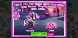 Size: 1239x603 | Tagged: safe, gameloft, rarity, kirin, nirik, g4, my little pony: magic princess, advertisement, cloven hooves, costs real money, duality, english, fangs, female, fire, horn, introduction card, kirin rarity, kirin-ified, mane of fire, mobile game, numbers, sale, species swap, text