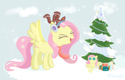 Size: 4970x3190 | Tagged: safe, artist:winstiky, fluttershy, pegasus, pony, g4, candy, candy cane, christmas, christmas tree, clothes, earmuffs, eyes closed, fake antlers, fluttershy plushie, food, holiday, plushie, present, scarf, solo, spread wings, tree, wings, yay