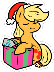 Size: 643x856 | Tagged: safe, artist:zutcha, applejack, earth pony, pony, g4, christmas, cute, eyes closed, hat, holiday, implied rarity, jackabetes, present, rarity's cutie mark, santa hat, simple background, solo, transparent background