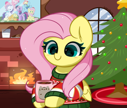 Size: 3640x3094 | Tagged: safe, artist:kittyrosie, applejack, fluttershy, pinkie pie, rainbow dash, rarity, twilight sparkle, alicorn, earth pony, pegasus, pony, unicorn, g4, chocolate, christmas, christmas sweater, christmas tree, clothes, cookie, cottagecore, cute, female, fire, fireplace, food, high res, holiday, hoof hold, hot chocolate, kittyrosie is trying to murder us, mane six, mare, milk, mug, pusheen, redraw, remake, shyabetes, solo, starry eyes, sweater, tree, twilight sparkle (alicorn), wingding eyes