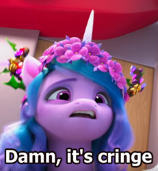 Size: 355x384 | Tagged: safe, edit, edited screencap, screencap, izzy moonbow, pony, unicorn, g5, my little pony: make your mark, my little pony: make your mark chapter 3, winter wishday, spoiler:g5, spoiler:winter wishday, 3d, blatant lies, floral head wreath, flower, flower in hair, solo, text