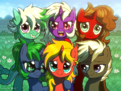 Size: 800x600 | Tagged: safe, artist:rangelost, oc, oc only, oc:cinnamon swirl, oc:deedee, oc:emerald wave, oc:majestic circlet, oc:pewter, oc:zap transfer, kelpie, pony, sea pony, unicorn, grass, grass field, group photo, group shot, looking at each other, looking at someone, looking at you, side hug, signature