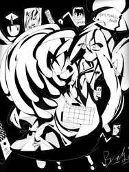 Size: 2250x3000 | Tagged: safe, artist:bridge, artist:bridge ngm, oc, oc only, oc:line, oc:qinna, dog, earth pony, fish, pegasus, pony, autograph, bag, black and white, black background, bow, clothes, grayscale, hairpin, high res, keyboard, long hair, long socks, long tail, machine, monochrome, music, phone, poster, simple background, sitting, skirt, spread wings, tail, wings