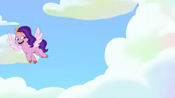 Size: 3072x1727 | Tagged: safe, screencap, pipp petals, pegasus, pony, a day in the life, g5, my little pony: tell your tale, spoiler:g5, spoiler:my little pony: tell your tale, spoiler:tyts01e41, cloud, female, flying, high res, mare, open mouth, open smile, sky, smiling, solo, spread wings, wings, youtube link