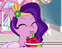 Size: 532x450 | Tagged: safe, screencap, pipp petals, pegasus, pony, a day in the life, g5, my little pony: tell your tale, spoiler:g5, spoiler:my little pony: tell your tale, spoiler:tyts01e41, animated, cropped, drinking, eyes closed, female, food, gif, headband, herbivore, mare, smiling, smoothie, solo, straw, strawberry, that pony sure does love strawberries, tongue out, youtube link