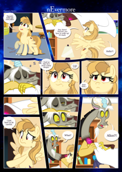 Size: 3259x4607 | Tagged: safe, artist:estories, discord, oc, oc:alice goldenfeather, draconequus, pegasus, pony, comic:nevermore, g4, comic, onomatopoeia, open mouth, pegasus oc, sleeping, sound effects, speech bubble, stomping, we don't normally wear clothes, zzz