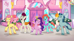 Size: 3072x1727 | Tagged: safe, screencap, flare (g5), jazz hooves, pipp petals, posey bloom, rocky riff, rufus, windy, earth pony, pegasus, pony, a day in the life, g5, my little pony: tell your tale, spoiler:g5, spoiler:my little pony: tell your tale, spoiler:tyts01e41, alternate hairstyle, eyes closed, female, grin, high res, male, mare, open mouth, open smile, smiling, stallion, youtube link