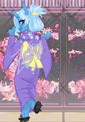 Size: 833x1200 | Tagged: safe, artist:retroviruswitch, trixie, unicorn, anthro, g4, alternate hairstyle, clothes, dress, female, kimono (clothing), looking at you, looking back, looking back at you, obtrusive watermark, sandals, smiling, solo, watermark, yukata