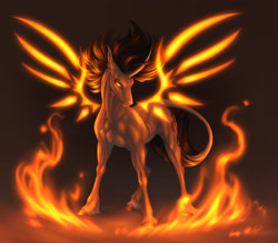 Size: 1920x1680 | Tagged: safe, artist:dementra369, oc, oc only, pony, unicorn, artificial wings, augmented, concave belly, ear piercing, fire, fit, glowing, glowing eyes, leonine tail, looking at you, magic, magic wings, male, muscles, piercing, ribs, slender, solo, sternocleidomastoid, tail, thin, unshorn fetlocks, wings