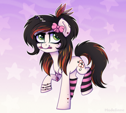 Size: 3100x2800 | Tagged: safe, artist:madelinne, oc, oc only, oc:bloody herb, pony, unicorn, bow, clothes, green eyes, happy, high res, jewelry, necklace, socks, solo, striped socks