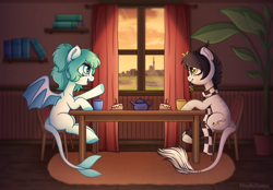 Size: 3000x2087 | Tagged: safe, artist:madelinne, oc, oc only, oc:sound error, oc:spicy mint, pony, book, cake, coffee, duo, food, high res, sitting, sunset, talking, window