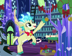 Size: 1161x900 | Tagged: safe, artist:pixelkitties, part of a set, alice the reindeer, deer, reindeer, g4, antlers, bow, bowtie, candy, candy cane, christmas, christmas decoration, christmas tree, cloven hooves, food, freckles, holiday, i can't believe it's not hasbro studios, ornament, ornaments, solo, tree, twilight's castle, unshorn fetlocks