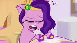 Size: 800x450 | Tagged: safe, screencap, pipp petals, pegasus, pony, a day in the life, g5, my little pony: tell your tale, spoiler:g5, spoiler:my little pony: tell your tale, spoiler:tyts01e41, animated, eyes closed, female, gif, headband, mare, messy mane, nose blowing, pinpoint eyes, runny nose, sick, sneezing, snot, solo, tissue, youtube link