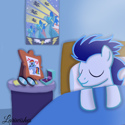 Size: 1300x1300 | Tagged: safe, artist:mlplary6, soarin', pegasus, pony, g4, bed, engagement ring, glasses, implied shipping, implied soarindash, implied straight, male, photo, portrait, poster, sleeping, smiling, stallion