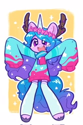 Size: 1365x2048 | Tagged: safe, artist:oofycolorful, izzy moonbow, unicorn, semi-anthro, g5, blushing, clothes, eye clipping through hair, floral head wreath, flower, happy, hoofless socks, kneesocks, open mouth, open smile, oversized clothes, scarf, smiling, socks, solo, sparkles, sweater, thigh highs