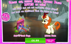 Size: 1959x1233 | Tagged: safe, gameloft, autumn blaze, coloratura, kirin, g4, my little pony: magic princess, advertisement, bush, camera, cloven hooves, costs real money, countess coloratura, curtains, english, female, horn, introduction card, mobile game, numbers, quill, sale, solo, stage, text