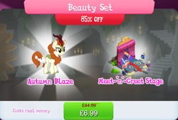 Size: 1267x856 | Tagged: safe, gameloft, autumn blaze, coloratura, kirin, g4, my little pony: magic princess, bundle, bush, camera, cloven hooves, costs real money, countess coloratura, curtains, english, female, horn, mobile game, numbers, quill, sale, solo, stage, text