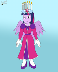 Size: 1600x2000 | Tagged: safe, artist:domedvortex, twilight sparkle, alicorn, human, equestria girls, g4, a christmas carol, candle head wreath, christmas, christmas 2022, clothes, dress, element of magic, ghost of christmas present, holiday, humanized, long dress, long skirt, skirt, solo, twilight sparkle (alicorn)