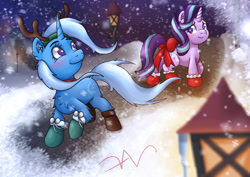 Size: 2736x1932 | Tagged: safe, artist:swasfews, starlight glimmer, trixie, pony, unicorn, g4, blushing, bow, christmas, duo, duo female, fake antlers, female, holiday, ice, lamppost, lesbian, mare, night, ship:startrix, shipping, sky, snow, snowflake, tail, tail bow