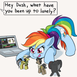 Size: 1000x1000 | Tagged: safe, artist:dstears, daring do, doctor caballeron, rainbow dash, earth pony, pegasus, pony, g4, adorkable, alternate hairstyle, animated, camera, computer, cute, dashabetes, dork, escii keyboard, fangirl, female, figurine, frame by frame, laptop computer, male, mare, offscreen character, open mouth, open smile, ponytail, rainbow dork, smiling, spread wings, stallion, starry eyes, tongue out, toy, wingding eyes, wings