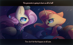 Size: 2350x1450 | Tagged: safe, artist:miryelis, fluttershy, sunset shimmer, pegasus, pony, unicorn, g4, big ears, clothes, crossover, duo, duo female, female, frostpunk, hat, impossibly large ears, long hair, looking at each other, looking at someone, scarf, snow, text, windswept mane