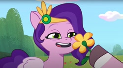 Size: 1678x934 | Tagged: safe, screencap, dahlia, pipp petals, earth pony, pegasus, pony, a day in the life, g5, my little pony: tell your tale, spoiler:g5, spoiler:my little pony: tell your tale, spoiler:tyts01e41, eye bag, female, flower, mare, pipp petals is best facemaker