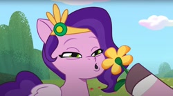 Size: 1680x932 | Tagged: safe, screencap, dahlia, pipp petals, earth pony, pegasus, pony, a day in the life, g5, my little pony: tell your tale, spoiler:g5, spoiler:my little pony: tell your tale, spoiler:tyts01e41, eye bag, female, flower, mare, pipp petals is best facemaker