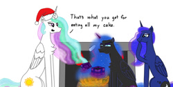 Size: 1637x828 | Tagged: safe, artist:nismorose, nightmare moon, princess celestia, princess luna, alicorn, pony, g4, annoyed, blue eyes, canterlot castle, chest fluff, christmas, christmas presents, christmas stocking, clothes, coal, digital art, ear fluff, ethereal mane, ethereal tail, eyelashes, eyeshadow, family, female, fire, fireplace, giggling, glare, glowing, glowing horn, hat, hearts warming day, holiday, horn, indoors, magic, magic aura, makeup, mare, prank, punish the villain, revenge, santa hat, see-through, siblings, sisters, sitting, slit pupils, slouching, smiling, smirk, sparkly mane, sparkly tail, speech, starry mane, starry tail, stockings, tail, talking, telekinesis, text, thigh highs, trio, trollestia, trolling, wings