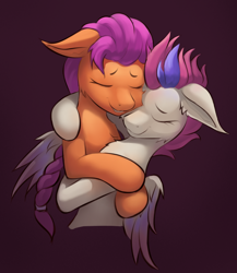 Size: 2304x2655 | Tagged: safe, artist:foxpit, sunny starscout, zipp storm, earth pony, pegasus, pony, g5, bust, cheek fluff, chest fluff, cute, duo, duo female, eyes closed, female, floppy ears, high res, hug, lesbian, mare, maroon background, ship:sunnystorm, shipping, simple background, smiling, wings