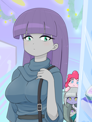 Size: 1668x2224 | Tagged: safe, artist:batipin, limestone pie, marble pie, maud pie, pinkie pie, human, equestria girls, g4, :3, bag, blushing, breasts, busty maud pie, cute, diapinkes, eyeshadow, female, limabetes, makeup, mall, marblebetes, maudabetes, pie sisters, siblings, sisters, sneaking, solo focus, spying
