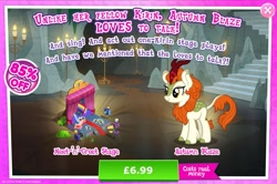 Size: 1956x1300 | Tagged: safe, gameloft, autumn blaze, coloratura, kirin, g4, my little pony: magic princess, advertisement, bush, camera, cloven hooves, costs real money, countess coloratura, curtains, english, female, horn, introduction card, mobile game, numbers, quill, sale, solo, stage, text