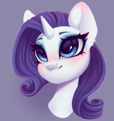 Size: 1011x1079 | Tagged: safe, artist:melodylibris, rarity, pony, unicorn, g4, blushing, bust, ear blush, female, looking up, mare, portrait, purple background, simple background, smiling, solo, three quarter view