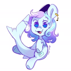 Size: 2048x2048 | Tagged: safe, artist:yun_nhee, oc, oc only, oc:wavebud, original species, shark, shark pony, chibi, cute, ear piercing, eye lashes, fangs, female, fins, high res, jewelry, mare, piercing, simple background, solo, two toned mane, white background
