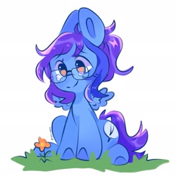 Size: 2048x2048 | Tagged: safe, artist:yun_nhee, oc, oc only, oc:angley, pegasus, pony, chibi, crying, cute, female, flower, glasses, grass, high res, mare, pegasus oc, simple background, sitting, solo, two toned mane, white background