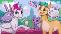 Size: 3840x2160 | Tagged: safe, artist:veanakart, cloudpuff, hitch trailblazer, zipp storm, bird, earth pony, pegasus, pony, rabbit, snail, g5, animal, blushing, duo, duo male and female, female, high res, male, mare, ship:stormblazer, shipping, smiling, stallion, straight