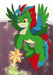 Size: 2480x3508 | Tagged: safe, artist:arctic-fox, oc, oc only, pegasus, pony, chest fluff, christmas, christmas tree, flying, high res, holiday, pegasus oc, solo, tree