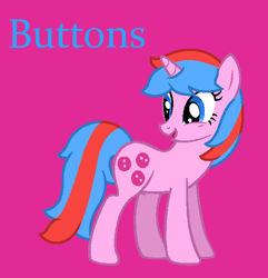 Size: 566x587 | Tagged: safe, artist:jigglewiggleinthepigglywiggle, buttons (g1), pony, unicorn, g1, g4, base used, blue text, cute, female, g1 buttonbetes, g1 to g4, generation leap, magenta background, mare, multicolored hair, multicolored mane, multicolored tail, open mouth, open smile, simple background, smiling, solo, tail, text